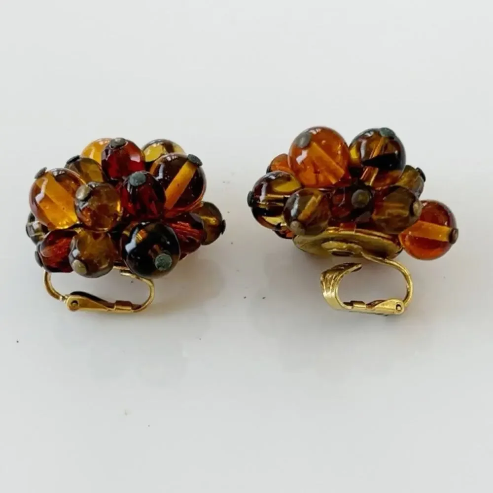 Vintage Marvella Cluster Bead Clip On Earrings Amber